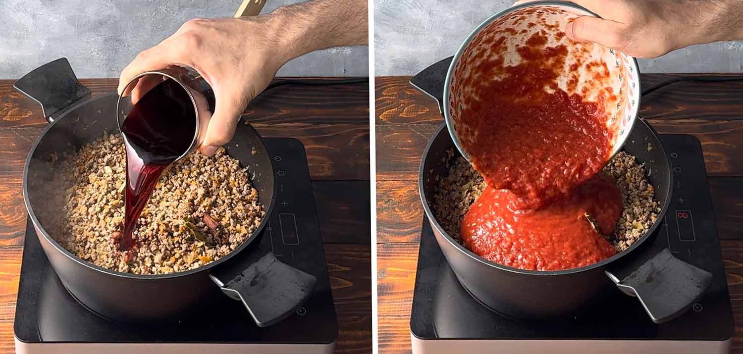 Προσθέτουμε στο μείγμα υλικών το κρασί και τον πουρέ ντομάτας.